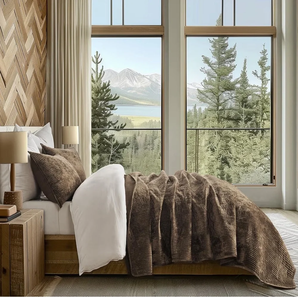 🆕 PB Style Brown 3 Piece Queen Quilt set Luxe Soft Velvet Coverlet Bedding Set
